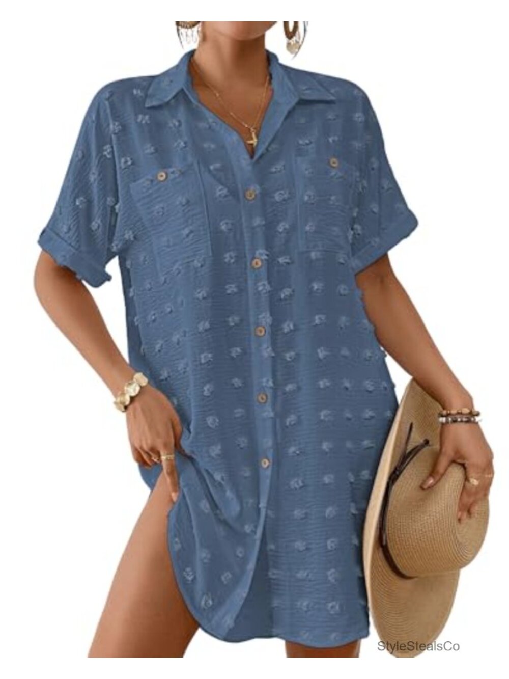 Swiss Dot Smocked Shirt Cover Up - Button Down Short Sleeve